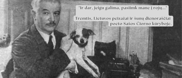 rašytojo Sašos Čiorno su jo šunim prie rašymo mašinėlės nuotrauka